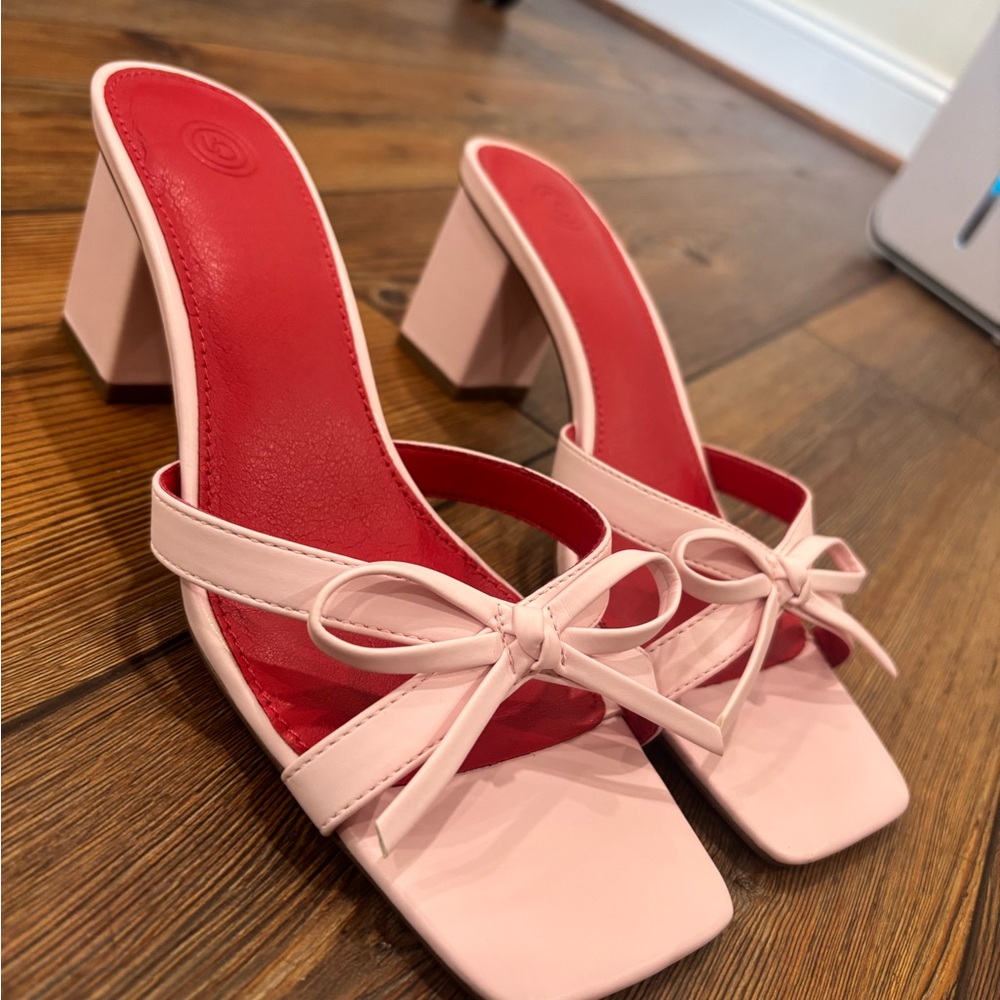 Urban Outfitters Pink Bow Block Heel Slides with Red Insole